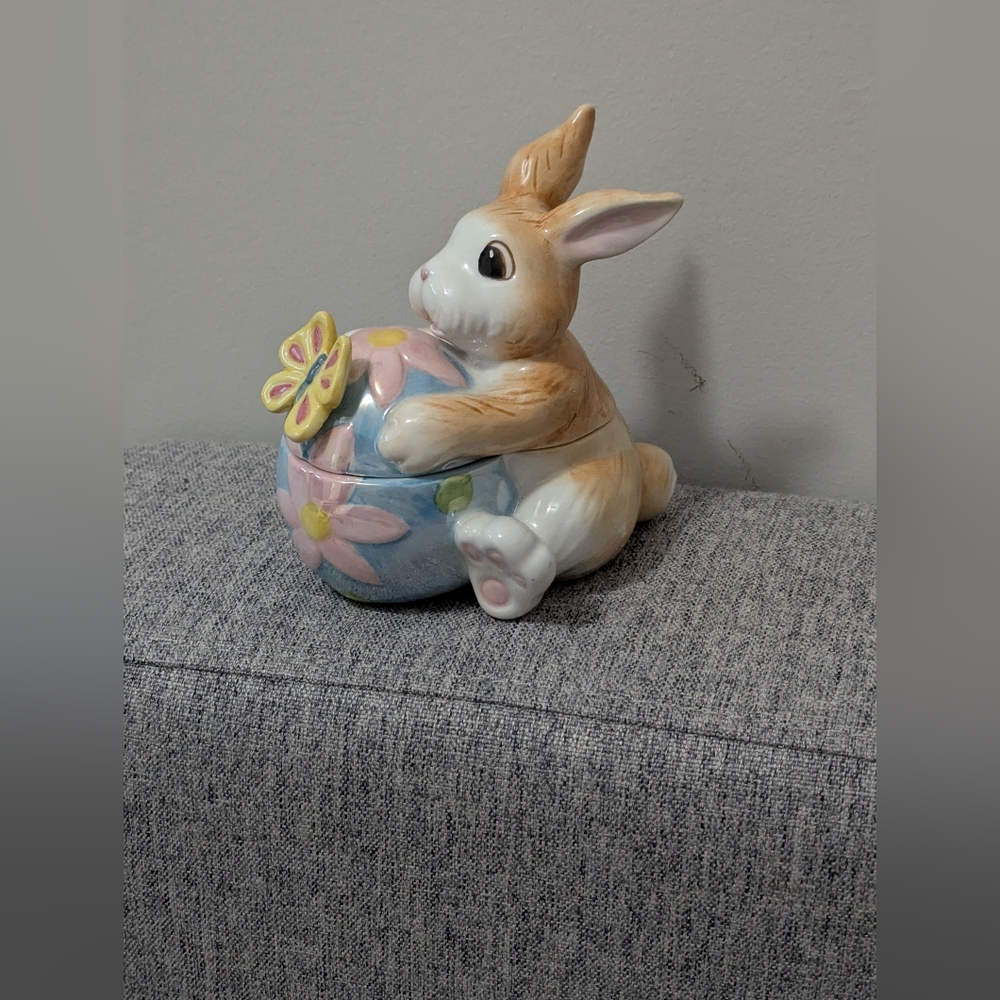 Fitz and Floyd Bunny with Blue and Pink Floral Egg. Trinket Box.